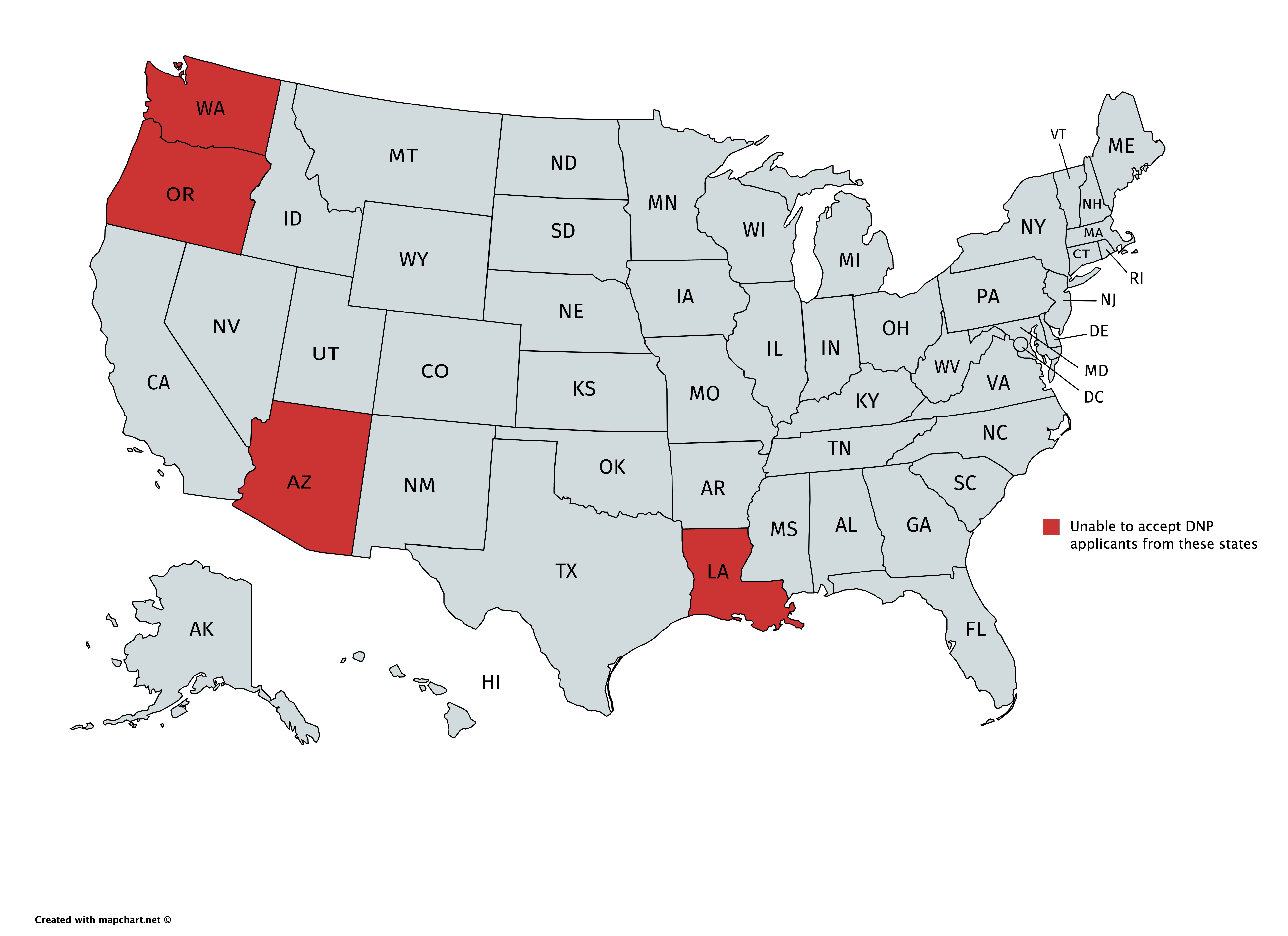 Map with Washington, Arizona and Louisiana marked off. 